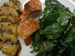 Rhone 2nd course: Potato, Sausage in Pastry and Salad
