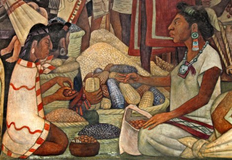 Diego Rivera mural of the Mayan using cocoa beans to buy corn