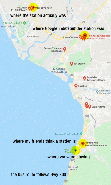 Annotated Google map of bus stations in Puerto Vallarta