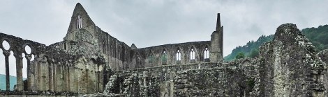 Panorama of the columns at the ruins at Tintern Abbey in Wales